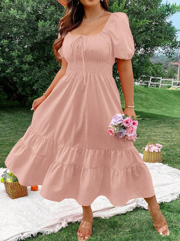 Plus Size Solid Color Ruffle Hem Chest Pleated Summer Dress