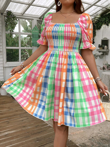Large Size Square Neckline Contrasting Color Patchwork Dress For Summer