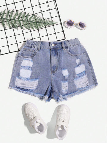 Teen Girl Basic Stone Wash Light Blue Ripped Raw Hem Denim Shorts, Perfect For Casual, Vacation And Daily Wear