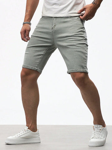 Men Solid Zipper Fly Skinny Denim Shorts For Summer