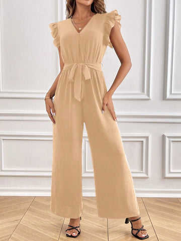 Women's Summer Butterfly Sleeve Solid Color V-Neck Wide Leg Jumpsuit