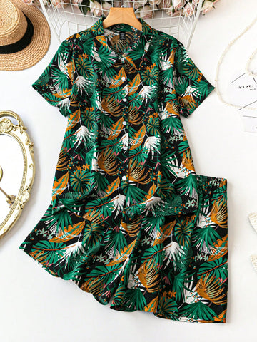 Plus Size Vacation Style Plant Print Short Sleeve Shirt And Short Set For Summer Short Sets