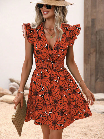 Summer Vacation Floral Print Dress With Ruffle Hem And Cinch Waist