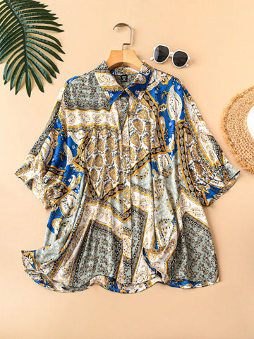 Plus Size Women Loose Fit Short Sleeve Vacation Style Paisley Print Shirt For Summer
