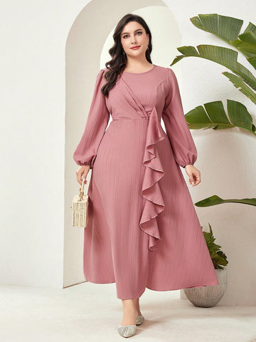 Plus Size Women Fashionable Ruffle Trim Long Sleeve Dress