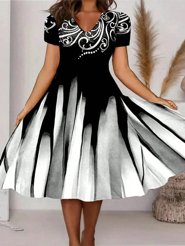 Plus Size Women\ Summer Floral Printed V-Neck Short Sleeve Simple Elegant Dress