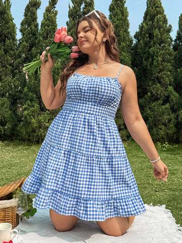 Plus Size Blue And White Plaid Sunflower Swing Cami Dress