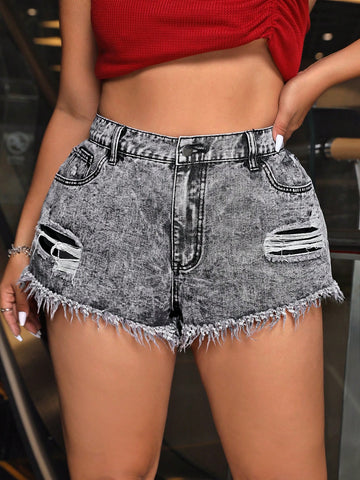 Plus Size Women\ Casual Denim Shorts With Pockets, Distressed Ripped Hole And Frayed Hem