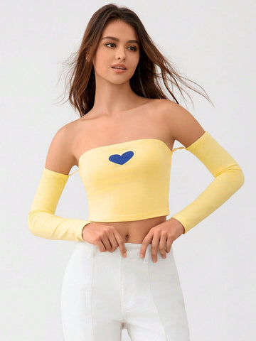 Women Fashionable Blue Heart Print Off Shoulder Tight Crop Top