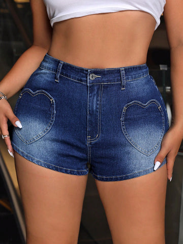 Plus Size Women Love Heart Pattern Slim Fit Washed Denim Shorts