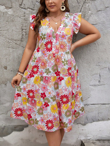 Plus Size Summer Holiday Style Floral Print Notched Neck Ruffle Armhole Tiered Hem Dress
