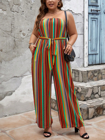 Plus Size  Striped Strapless Jumpsuit With Belt, Vacation Style, Summer