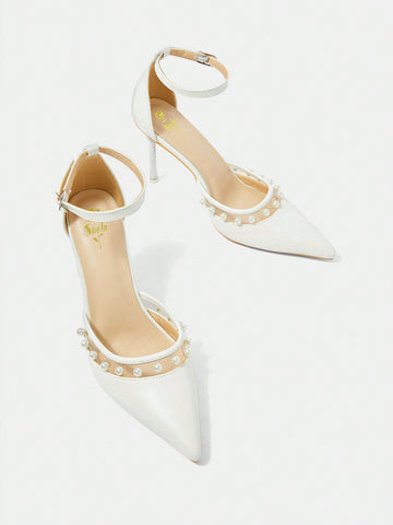 Pointed Toe Stiletto Heel Rhinestone Chain Detail White Women's High-Heel Shoe