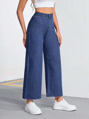 Solid Color Frayed Wide Leg Jeans For Casual Outings And Relaxation