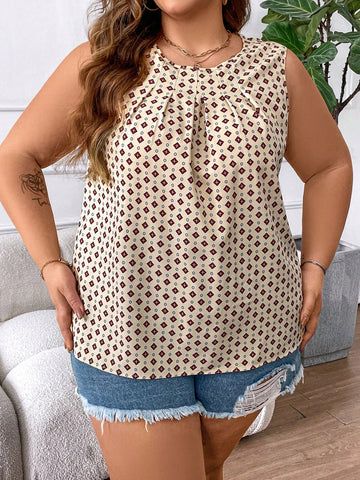 Plus Size Women Summer Floral Print Round Neck Pleated Loose Sleeveless Blouse