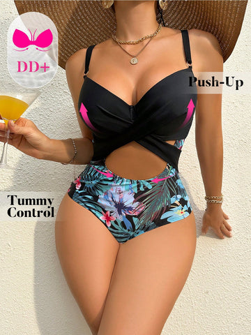 Summer Beach Vacation Tropical Printed Hollow Out One-Piece Swimsuit With Patchwork Design
