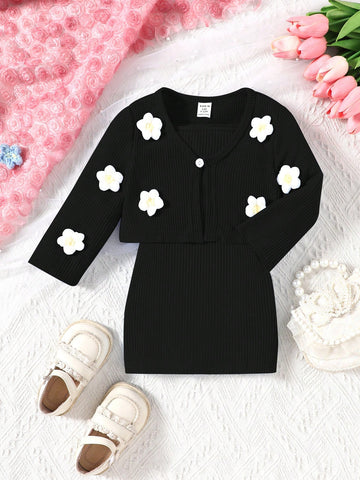 Baby Girl Casual 2-Piece Set: Long-Sleeved V-Neck Jacket With 3D Flower Decoration + Sundress With Spaghetti Straps