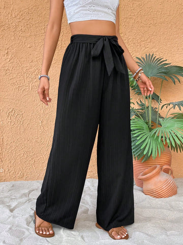 Women Knotted Black Wide Leg Loose Casual Pants