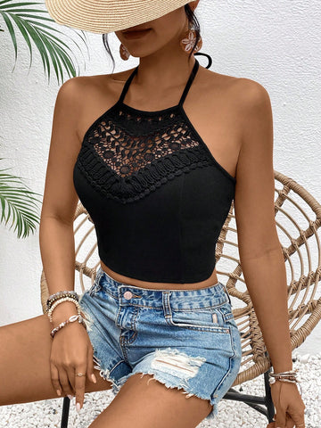 Women Vacation Solid Color Patchwork Lace Halter Tie Back Tank Top