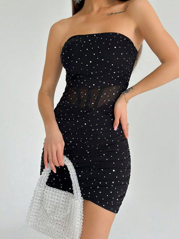 Women's Strapless Bodice With Waist Cutout, Full Body Studded See-Through Dress, Perfect For Date Night, Parties And Graduation Season