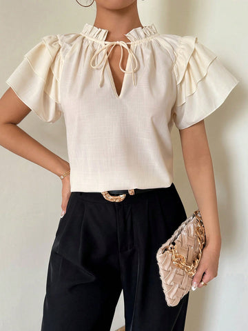 Women V-Neck Tie Front Ruffle Hem Butterfly Sleeve Blouse, Elegant For Vacation & Commuting