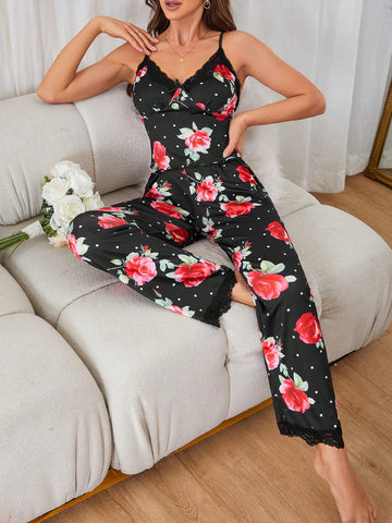 Rose & Polka Dot Pattern Lace Spliced Cami Top And Pants Casual Summer Sleepwear Set
