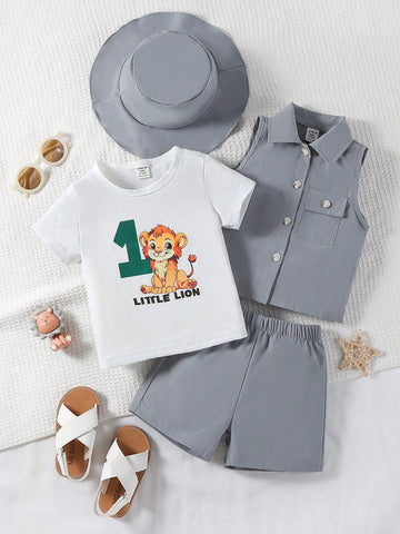 Baby Boy 4pcs/Set Handsome Retro Fashionable Sleeveless Vest, Round Neck Lion Printed Short Sleeve Tee, Loose Shorts, And Large Hat For Spring And Summer
