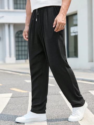 Men Drawstring Waist Solid Color Daily Weave Casual Pants