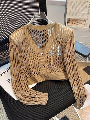 Casual Solid Color Hollow Out Knitted Long Sleeve Crop Cardigan