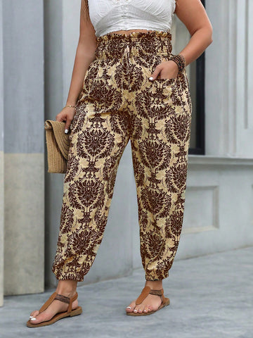 Fashionable Plus Size Women Summer Vacation Style Printed Pants Beach