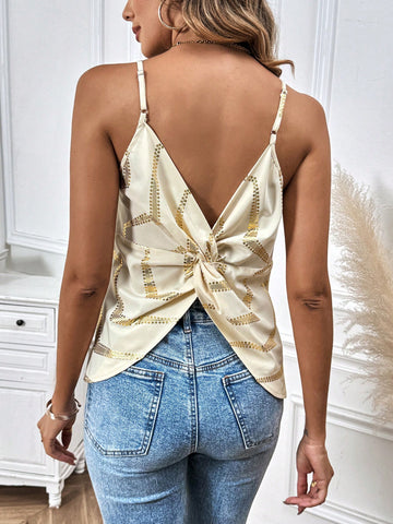 Women Summer Loose Fitting Tank Top With Gold Foil Printed Wavy Pattern And Twisted Knot Back Design