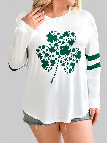 Plus Size Women Clover Print Long Sleeve T-Shirt Suitable For St. Patrick Day
