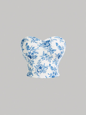 Blue Vintage Floral Print Ruffle Strapless Top