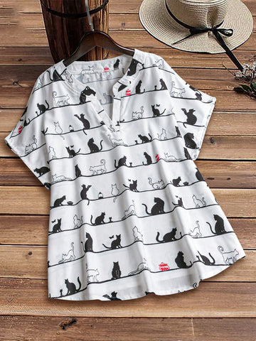 Plus Size Summer Cat Printed Notched Collar Batwing Sleeve Shirt
