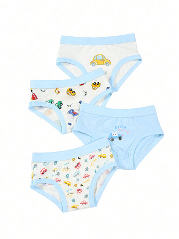 Young Boys" Simple Triangle Briefs With Car Print Design, 4 Pack
