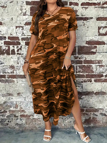 Plus Size Loose Camouflage Print Round Neck Short Sleeve Summer Casual Dress With Curved Hem