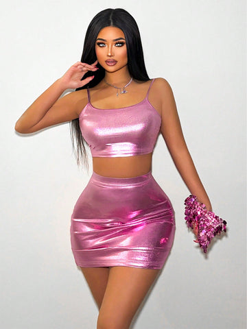 Women Summer Coated Fabric Crop Cami Top & Bodycon Skirt Two-Piece Set For Club & Party