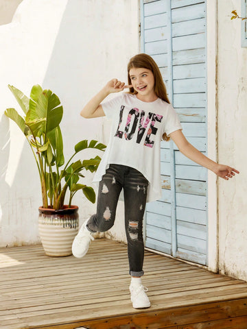 Tween Girl Loose Round Neck Short Sleeve T-Shirt With High Low Hem And Flowy Swing