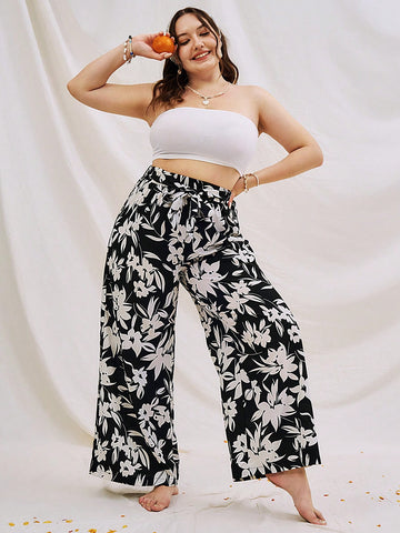 Plus Size Casual Floral Printed High-Waisted Wide Leg Pants With Belt Beach