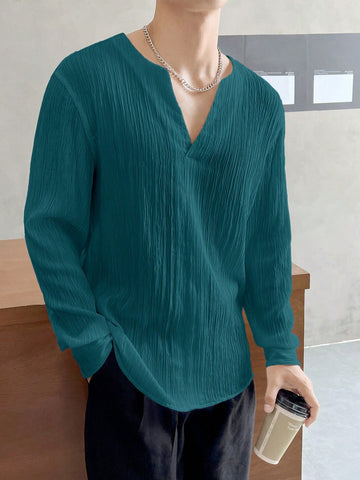 Men Fashion Solid Color Notch V Neck Woven Casual Shirt