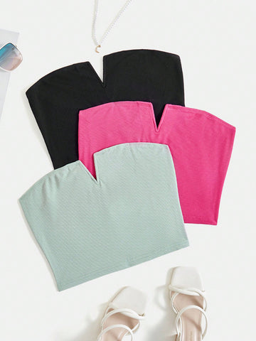 3pcs Summer Bandeau Tops With Notch Collar