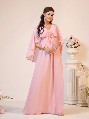 Legant, Romantic, Elegant, Sweet, Cute And Charming, Fashionable Woman With Pink Wide Shoulders, V-Neck Shawl, Lotus Leaf Sleeves, Chest Three-Dimensional Flower Decoration With Breast Pads, Gathered Chest Shape, Anti-Exposure, High Waist, Pleated Decorat