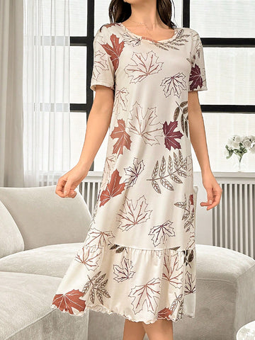 Women's Short Sleeve Sleep Dress With Leaf Print