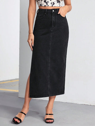Women Solid Color Denim Skirt With Slit And Pockets