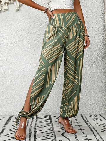 Women High Waist Striped Side Slit Tapered Casual Pants