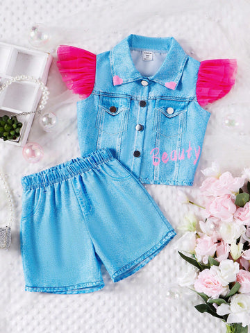 Young Girls' Casual Sweet Top With Mesh Ruffle And Denim Print Shorts