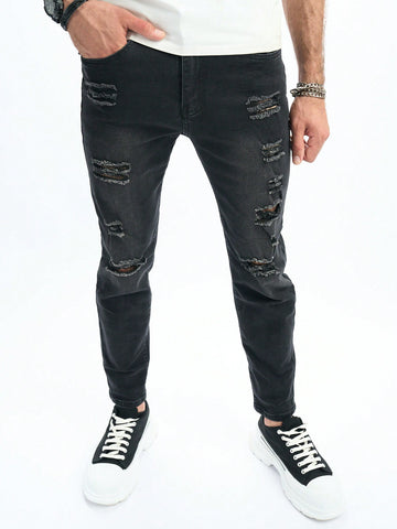 Men Distressed Water Washed Slim Fit Jeans With Slanted Pockets For Streetwear And Casual Outfits