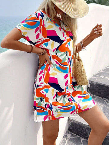 Women Loose And Casual Notched Neck Summer Dress With All-Over Print