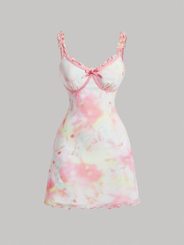 Women Pink Tie-Dye Floral Print Romantic Beach Short Dress