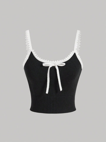 Leisure Colorblock Slim Fit Knitted Camisole Top With Bow Decoration